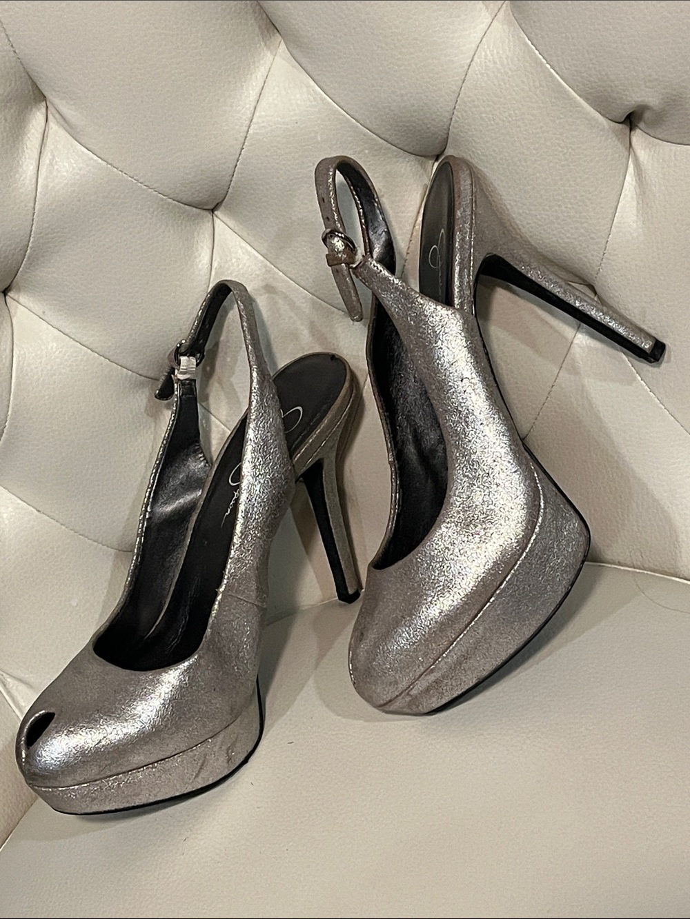 Jessica Simpson Silver Metallic Peep-Toe Platform Slingbacks